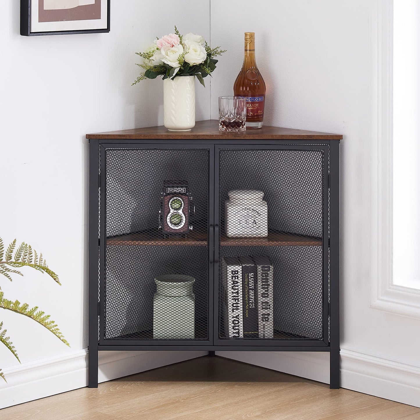 VECELO Corner Cabinet/Table 3-Tier Display Shelves with Protection Door Metal Frame Storage Shelf Organizer for Small Space Living Room Kitchen Bathroom