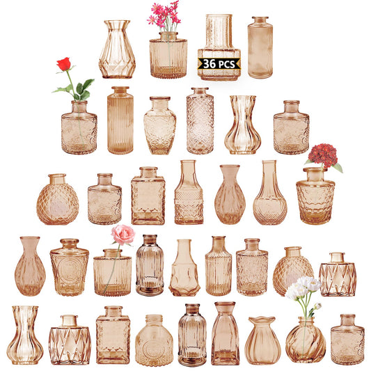 36Pcs Glass Bud Vase Set Small Flower Vintage Vase for Centerpieces Mini Vase in Bulk for Rustic Wedding Party Festival Table Decorations and Home Decor Amber