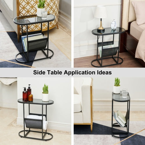 Glass Oval Small Side Tables Living Room Small Space With Magazines Organizer Storage Space Set Of 2