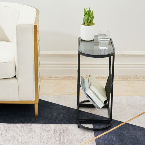 Glass Oval Small Side Tables Living Room Small Space With Magazines Organizer Storage Space Set Of 2