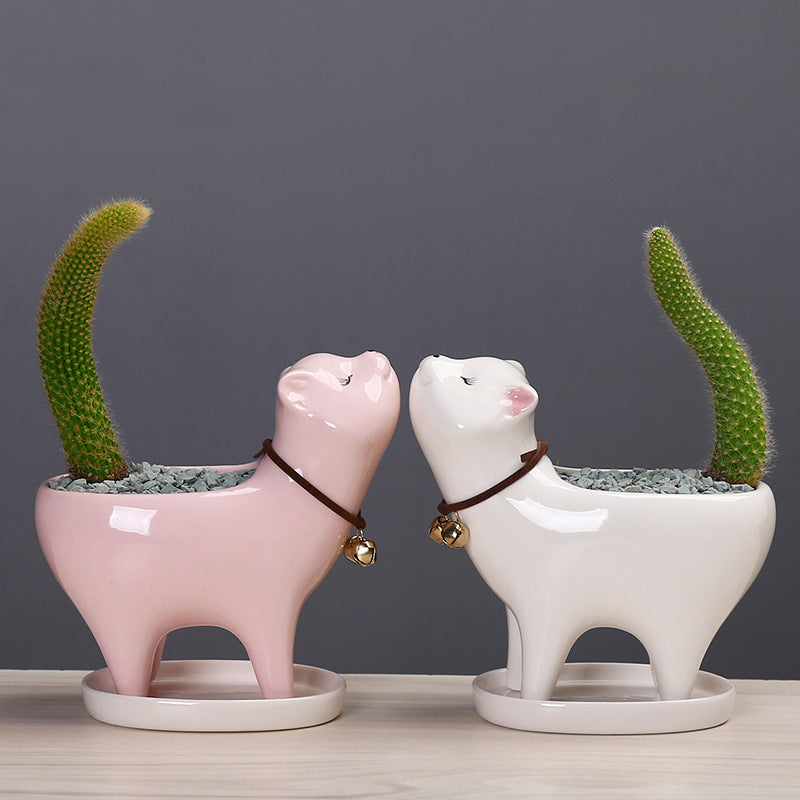 Cute Cartoon Cactus Cat Tail Ceramic Planter